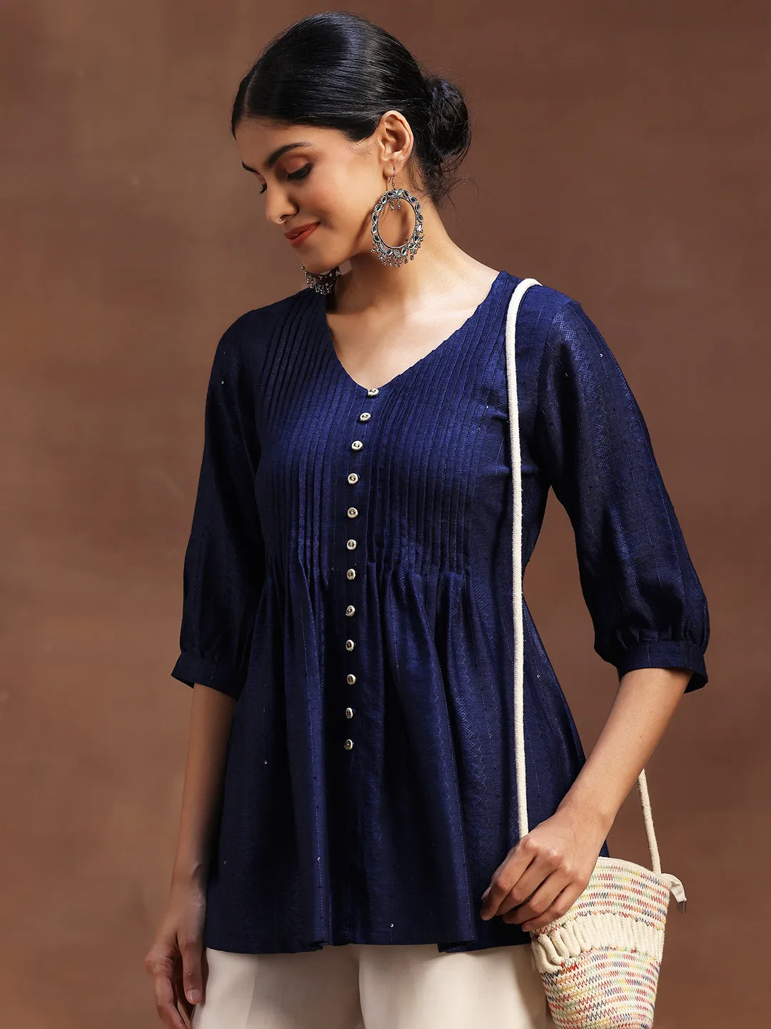 29103O.Main_.webp Blue Woven Design Silk Blend A-Line Kurti - Image 1
